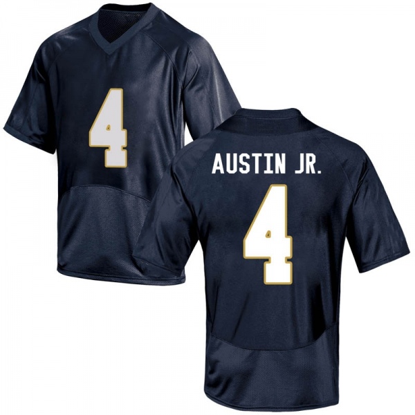 Kevin Austin Jr. Notre Dame Fighting Irish NCAA Men's #4 Navy Blue Replica College Stitched Football Jersey PQO0155WJ